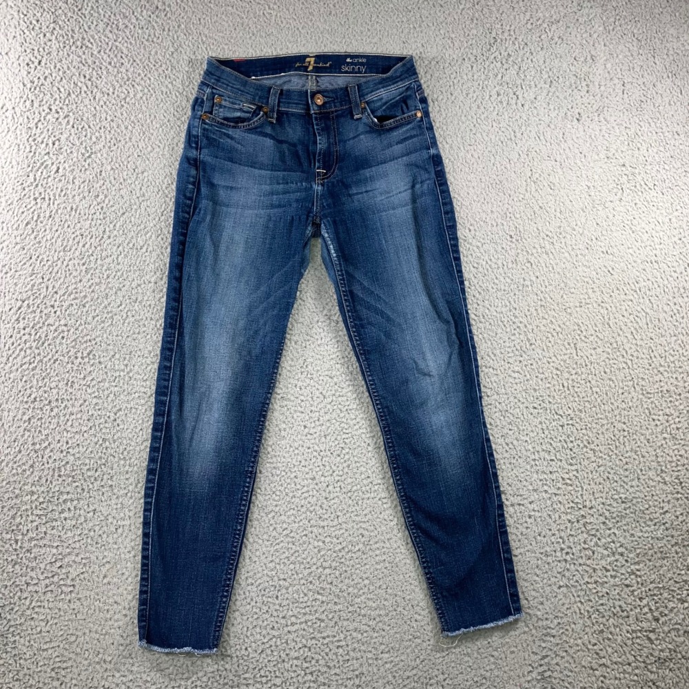 7 For All Mankind Ankle Skinny Jeans 26x24.5 Low Rise Blue Raw Hem Whisker Flaw